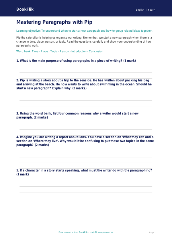 Free Paragraphs Worksheet | Year 4 Core | BookFlik worksheet preview — English Paragraphs