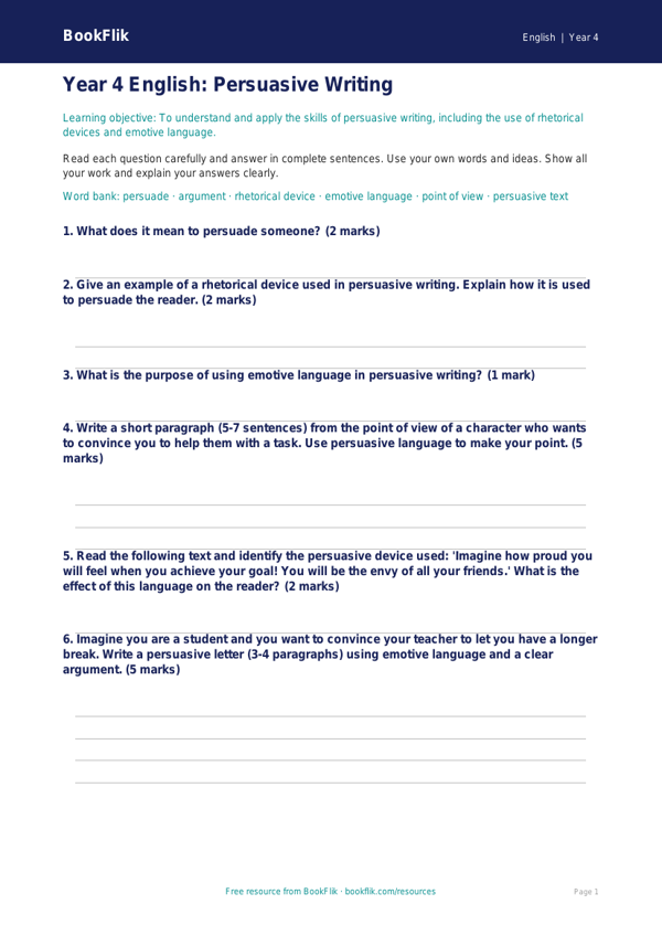 Free Persuasive Writing Assessment | Year 4 Core | BookFlik worksheet preview — English Persuasive Writing