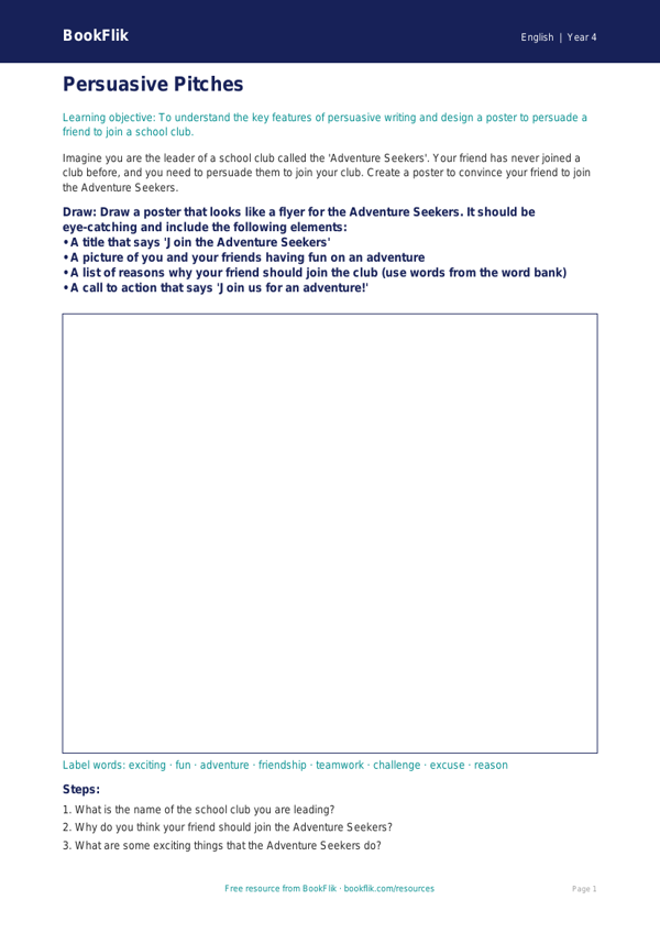 Free Persuasive Writing Drawing Sheet | Year 4 Core | BookFlik worksheet preview — English Persuasive Writing