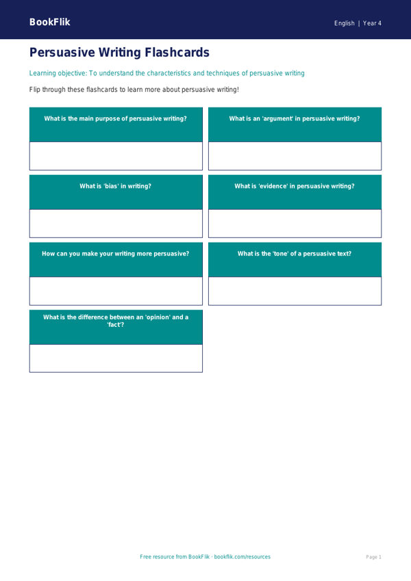 Free Persuasive Writing Flashcards | Year 4 Core | BookFlik worksheet preview — English Persuasive Writing