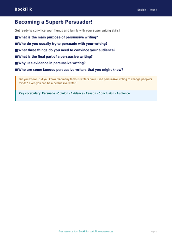 Free Persuasive Writing Poster | Year 4 Core | BookFlik worksheet preview — English Persuasive Writing