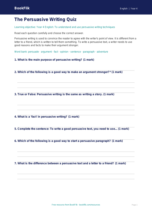 Free Persuasive Writing Quiz | Year 4 Core | BookFlik worksheet preview — English Persuasive Writing