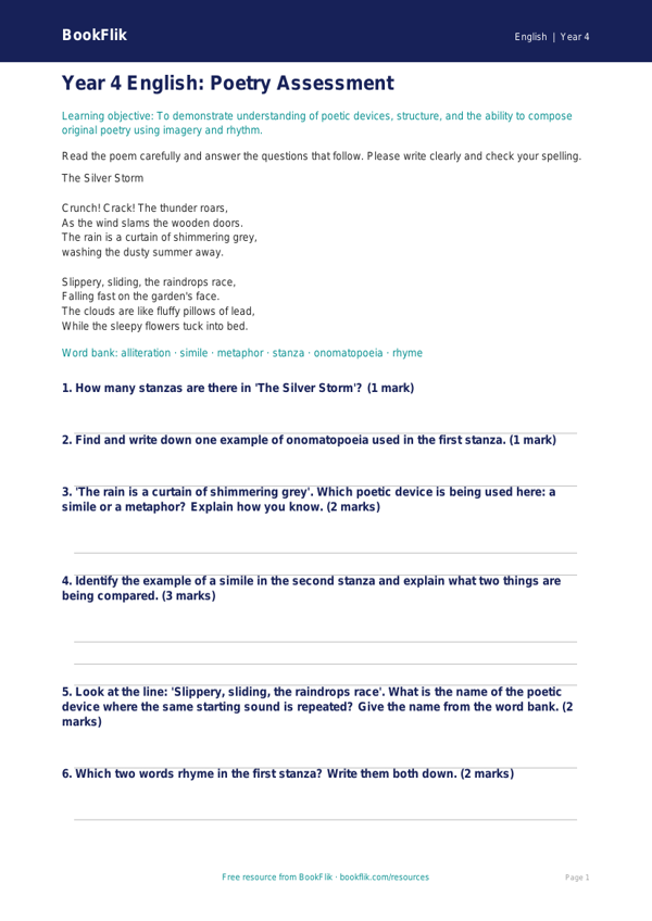 Free Poetry Assessment | Year 4 Core | BookFlik worksheet preview — English Poetry
