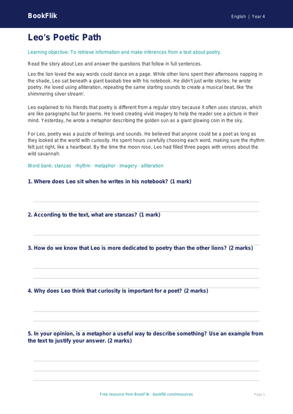 Free Poetry Comprehension Worksheet | Year 4 Core | BookFlik worksheet preview — English Poetry