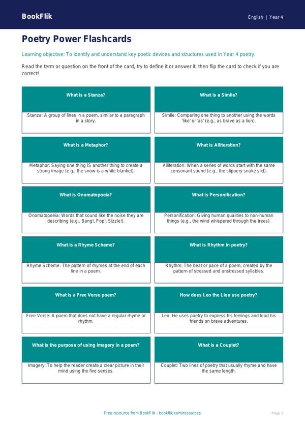 Free Poetry Flashcards | Year 4 Core | BookFlik worksheet preview — English Poetry