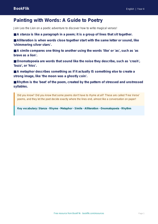Free Poetry Poster | Year 4 Core | BookFlik worksheet preview — English Poetry