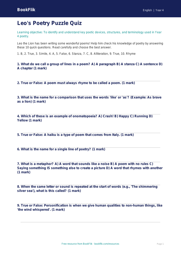 Free Poetry Quiz | Year 4 Core | BookFlik worksheet preview — English Poetry