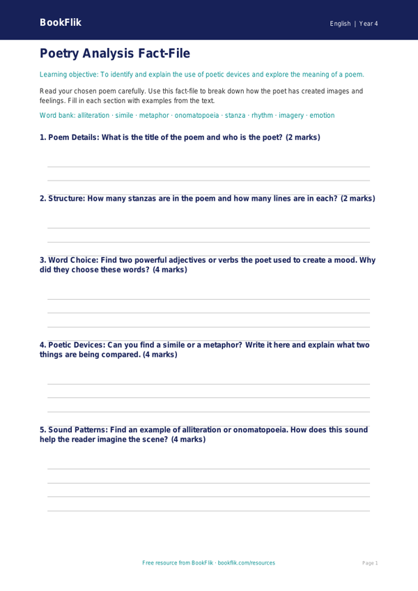 Free Poetry Template | Year 4 Core | BookFlik worksheet preview — English Poetry