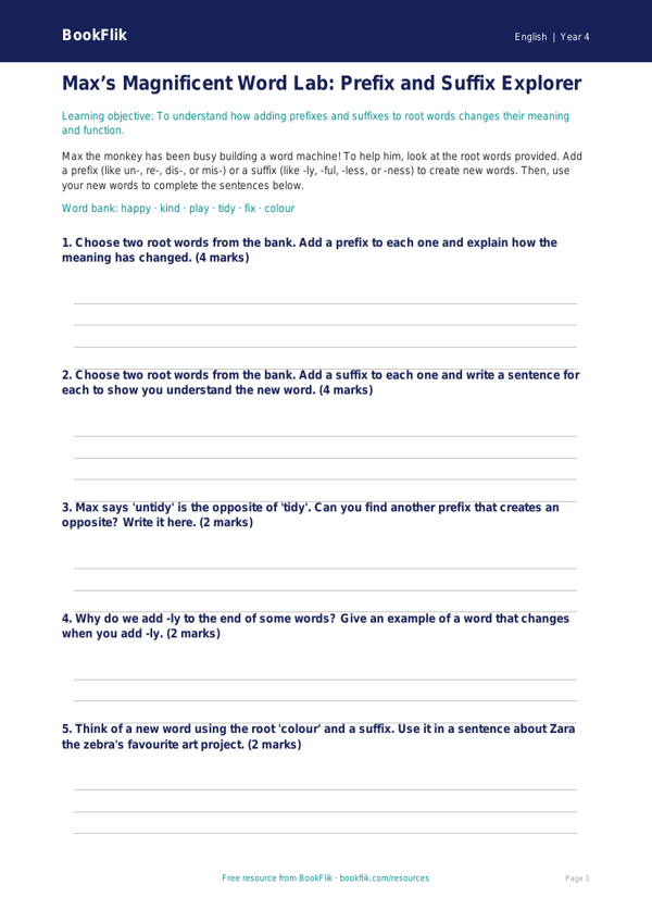 Free Prefixes And Suffixes Template | Year 4 Core | BookFlik worksheet preview — English Prefixes And Suffixes