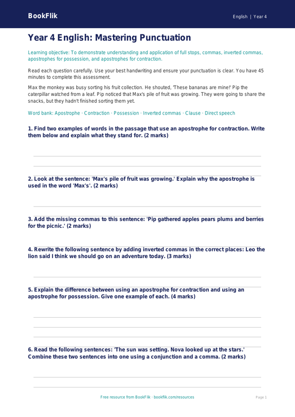 Free Punctuation Assessment | Year 4 Core | BookFlik worksheet preview — English Punctuation