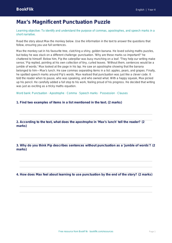 Free Punctuation Comprehension | Year 4 Core | BookFlik worksheet preview — English Punctuation