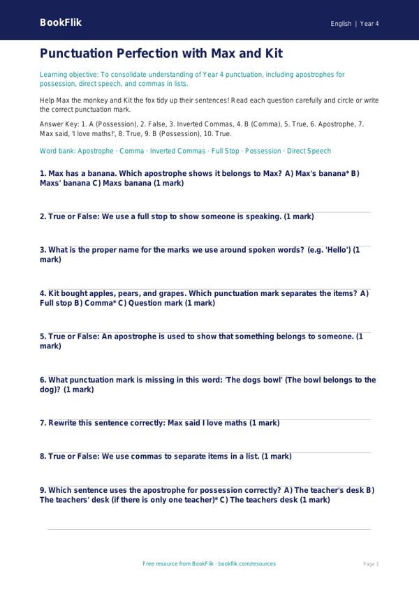 Free Punctuation Quiz | Year 4 Core | BookFlik worksheet preview — English Punctuation