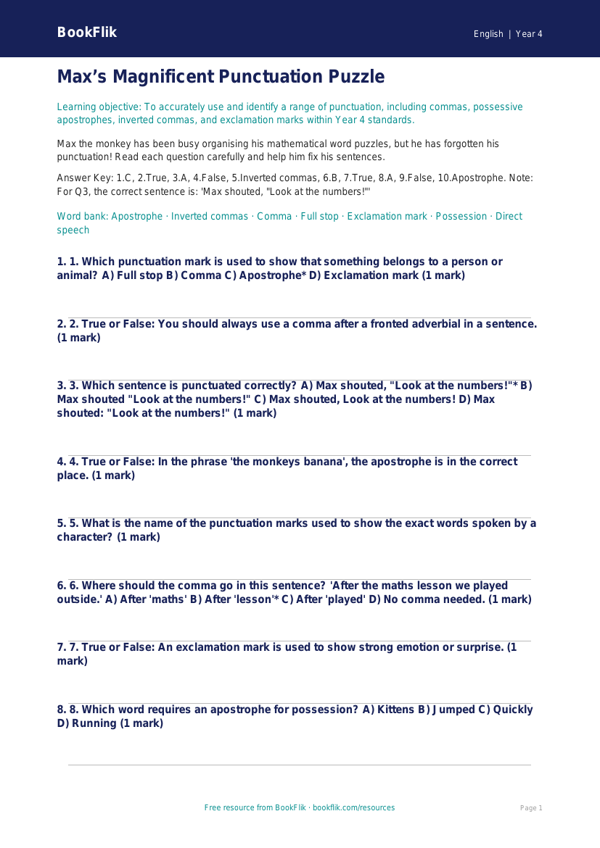 Free Punctuation Quiz | Year 4 Greater Depth | BookFlik worksheet preview — English Punctuation