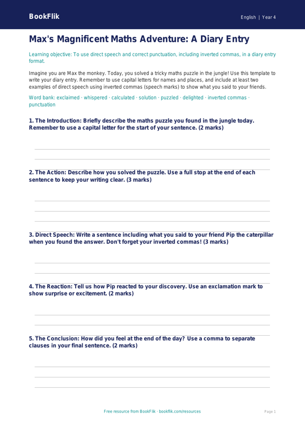 Free Punctuation Template | Year 4 Core | BookFlik worksheet preview — English Punctuation