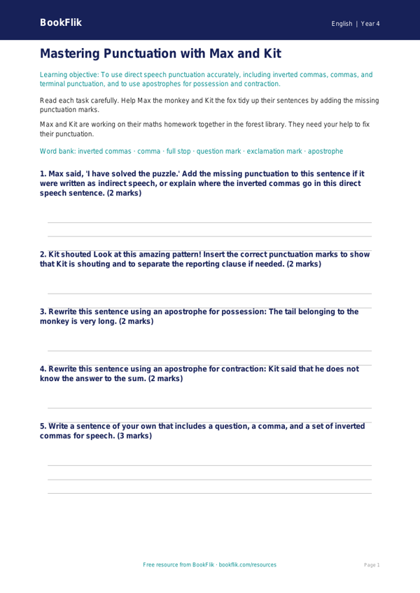 Free Punctuation Worksheet | Year 4 Core | BookFlik worksheet preview — English Punctuation