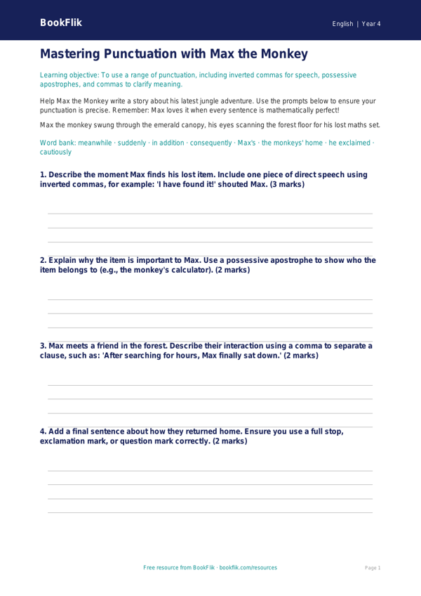 Free Punctuation Writing Frame | Year 4 Core | BookFlik worksheet preview — English Punctuation