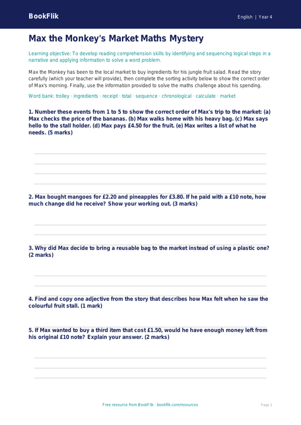 Free Reading Comprehension Activity Sheet | Year 4 Core | BookFlik worksheet preview — English Reading Comprehension