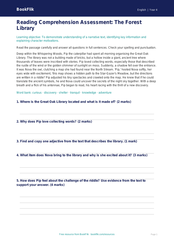 Free Reading Comprehension Assessment | Year 4 Core | BookFlik worksheet preview — English Reading Comprehension