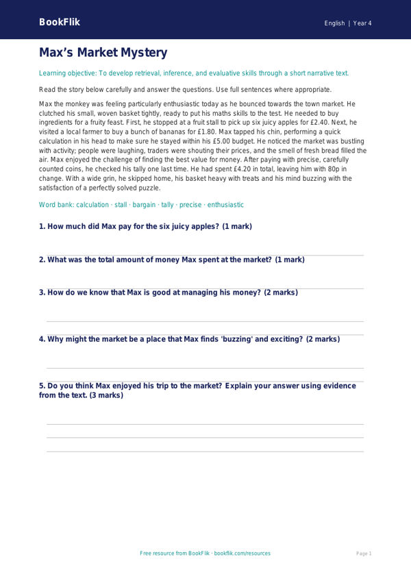 Free Year 4 Reading Comprehension Worksheet | PDF Download | BookFlik worksheet preview — English Reading Comprehension