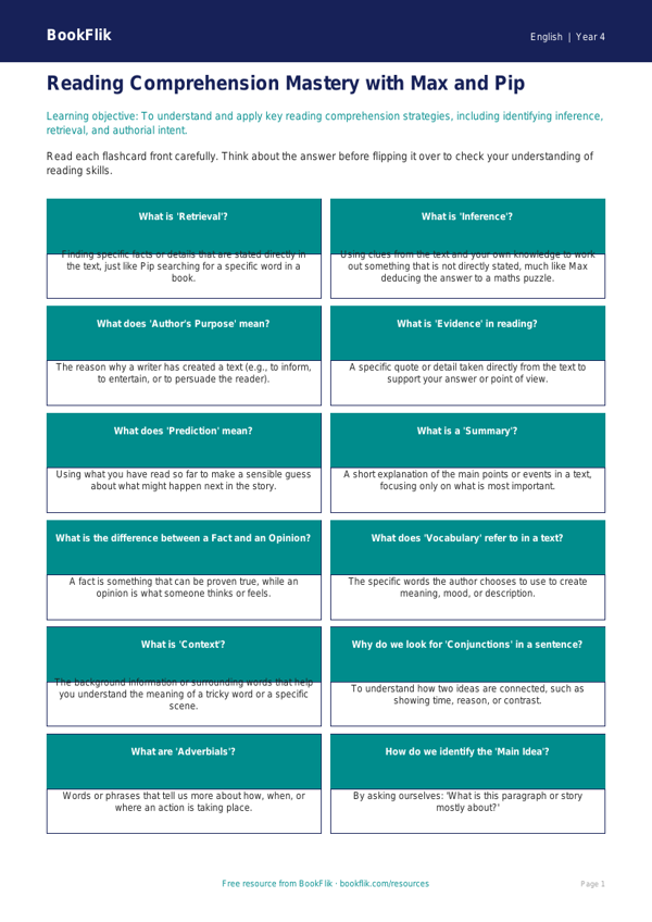 Free Reading Comprehension Flashcards | Year 4 Core | BookFlik worksheet preview — English Reading Comprehension
