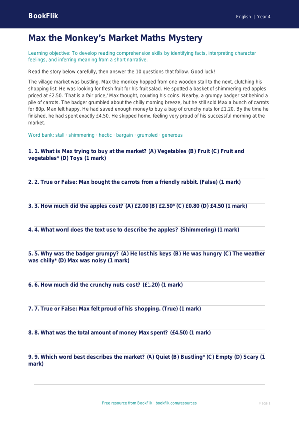 Free Reading Comprehension Quiz | Year 4 Core | BookFlik worksheet preview — English Reading Comprehension