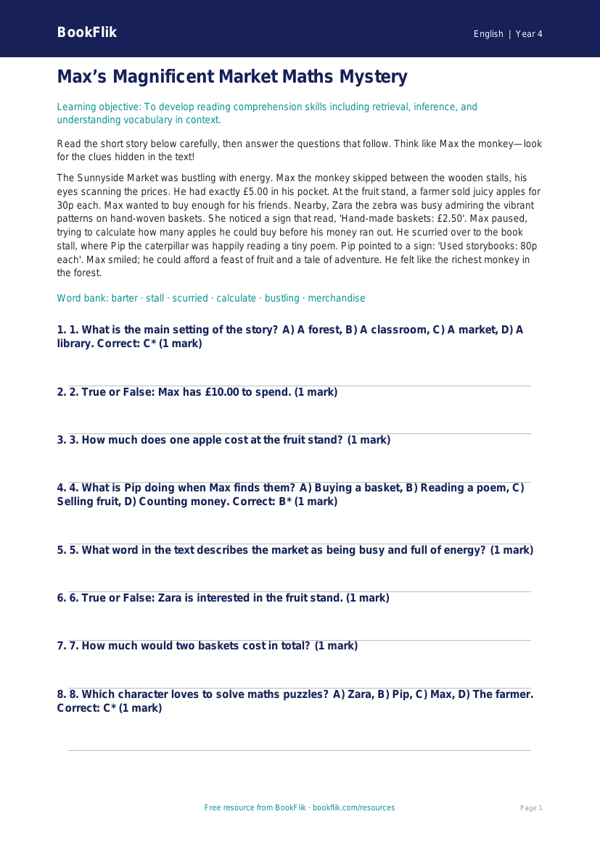 Free Reading Comprehension Quiz | Year 4 Greater Depth | BookFlik worksheet preview — English Reading Comprehension