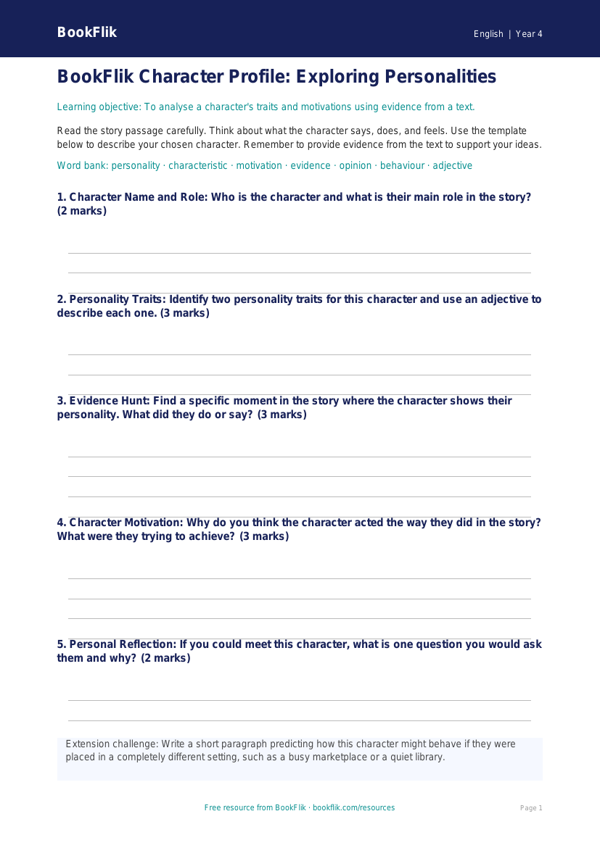 Free Reading Comprehension Template | Year 4 Core | BookFlik worksheet preview — English Reading Comprehension