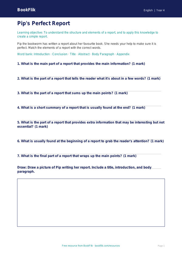 Free Report Writing Activity Sheet | Year 4 Core | BookFlik worksheet preview — English Report Writing