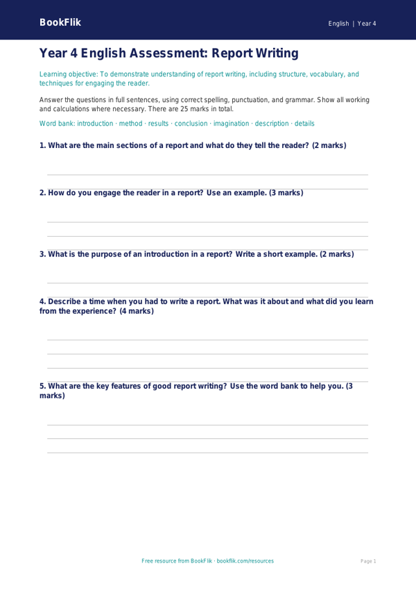 Free Report Writing Assessment | Year 4 Core | BookFlik worksheet preview — English Report Writing