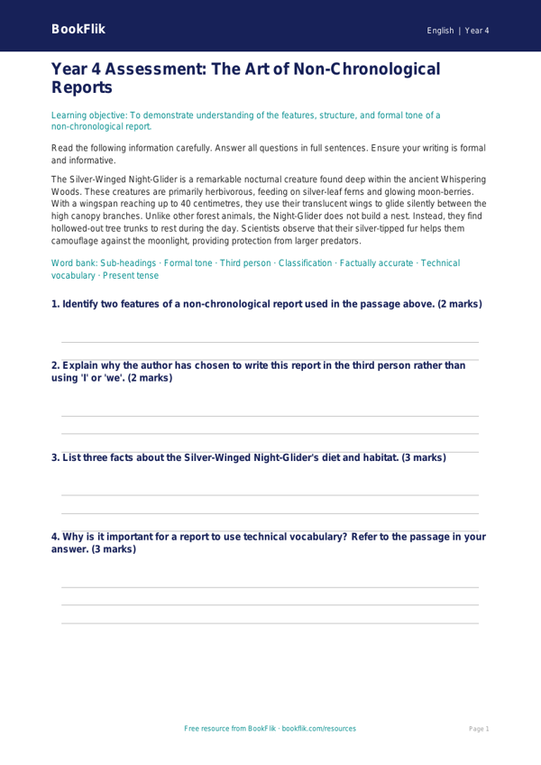 Free Report Writing Assessment | Year 4 Greater Depth | BookFlik worksheet preview — English Report Writing