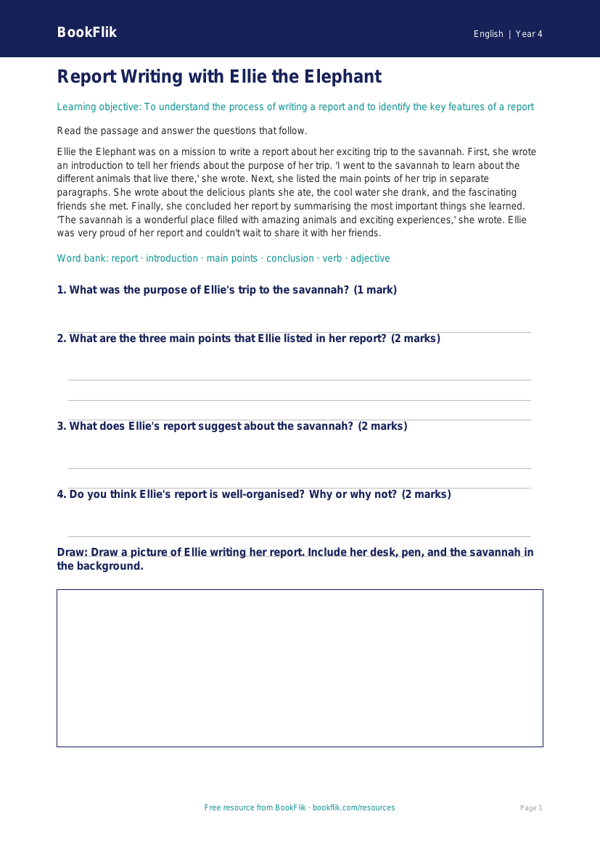 Free Report Writing Comprehension | Year 4 Core | BookFlik worksheet preview — English Report Writing