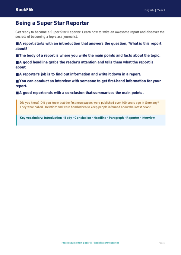 Free Report Writing Poster | Year 4 Core | BookFlik worksheet preview — English Report Writing