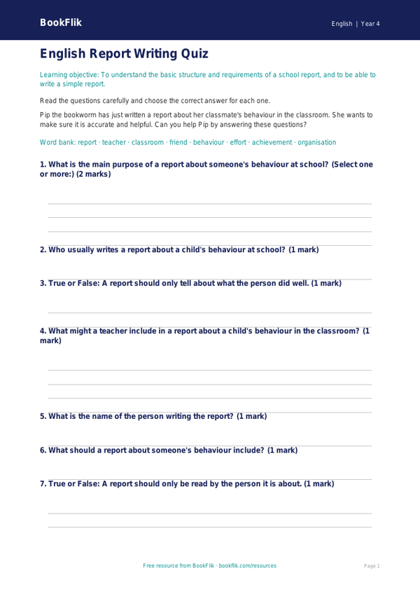 Free Report Writing Quiz | Year 4 Core | BookFlik worksheet preview — English Report Writing