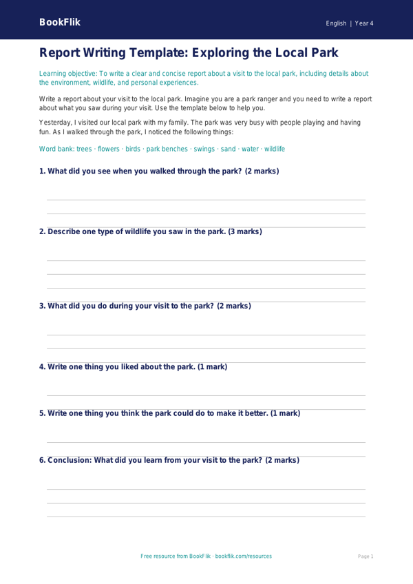 Free Report Writing Template | Year 4 Core | BookFlik worksheet preview — English Report Writing
