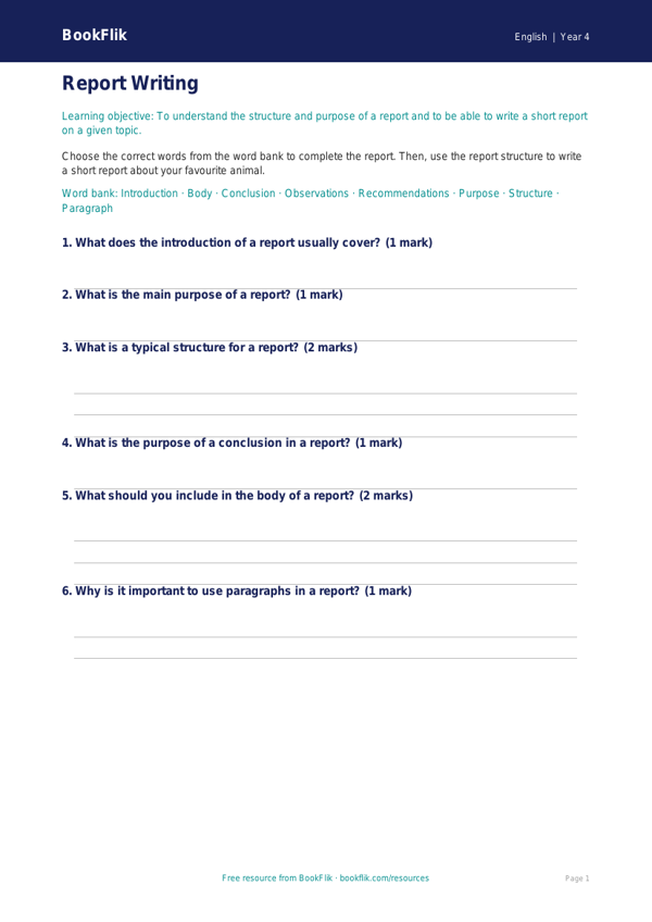 Free Report Writing Worksheet | Year 4 Core | BookFlik worksheet preview — English Report Writing