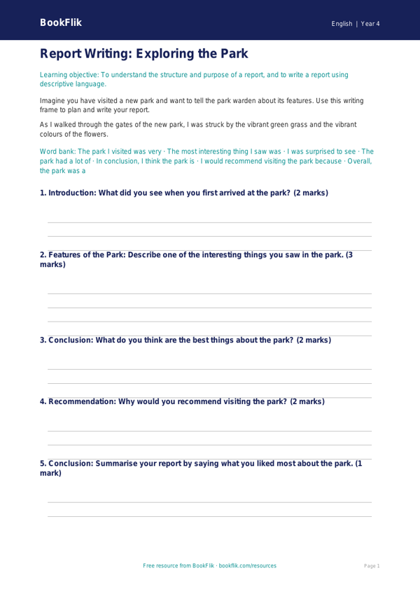 Free Report Writing Writing Frame | Year 4 Core | BookFlik worksheet preview — English Report Writing