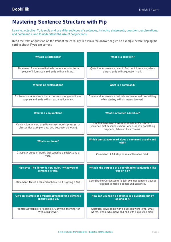 Free Sentence Structure Flashcards | Year 4 Core | BookFlik worksheet preview — English Sentence Structure