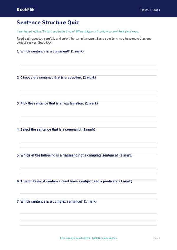 Free Sentence Structure Quiz | Year 4 Core | BookFlik worksheet preview — English Sentence Structure