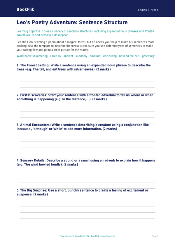 Free Sentence Structure Template | Year 4 Core | BookFlik worksheet preview — English Sentence Structure