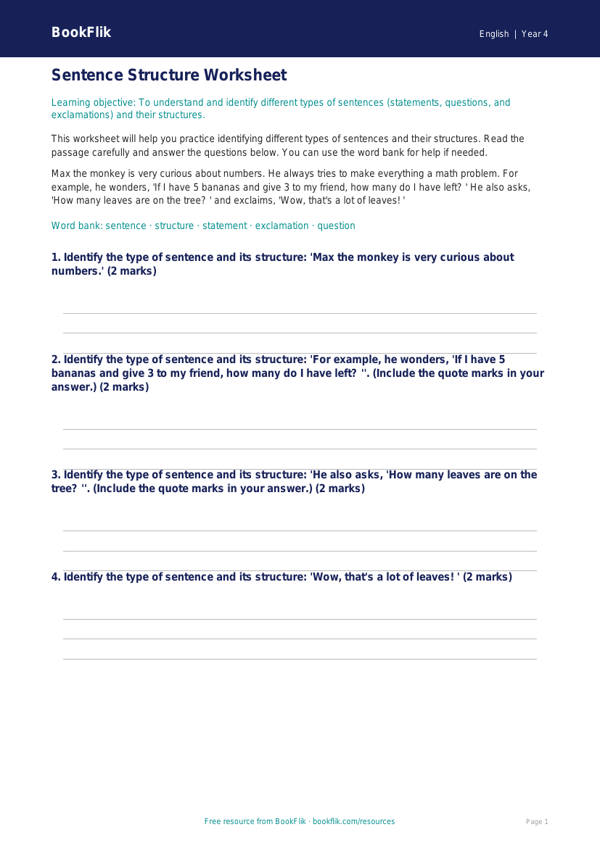 Free Sentence Structure Track Sheet | Year 4 Core | BookFlik worksheet preview — English Sentence Structure