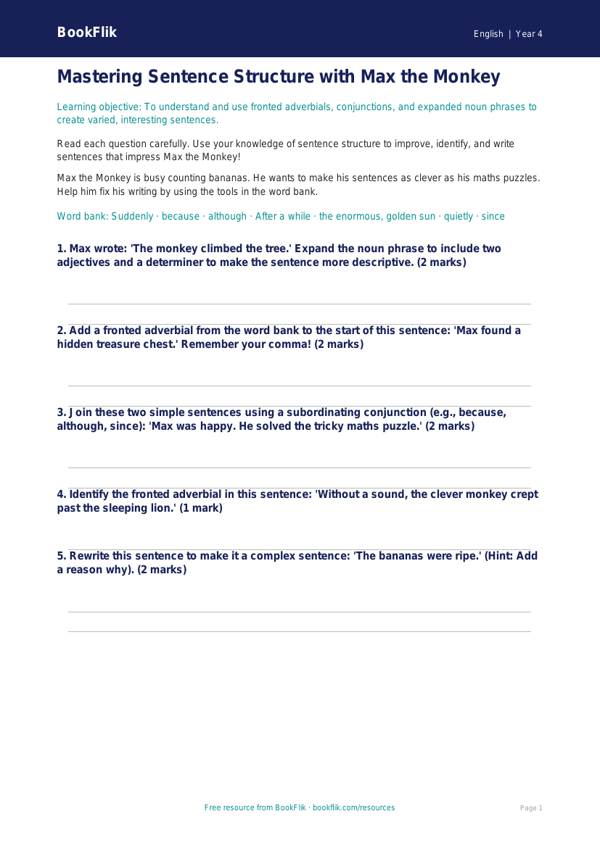 Free Sentence Structure Worksheet | Year 4 Core | BookFlik worksheet preview — English Sentence Structure
