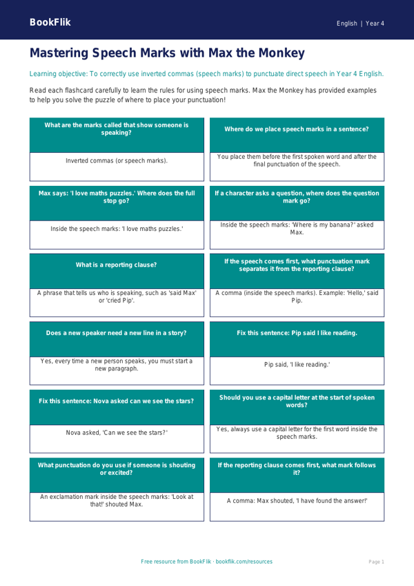 Free Speech Marks Flashcards | Year 4 Core | BookFlik worksheet preview — English Speech Marks