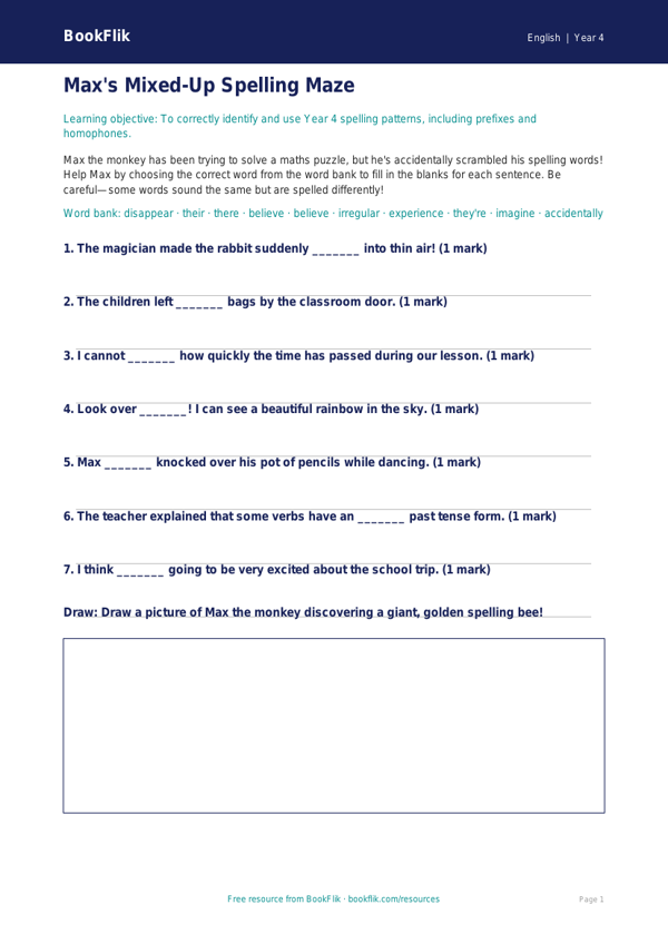 Free Spelling Activity Sheet | Year 4 Core | BookFlik worksheet preview — English Spelling