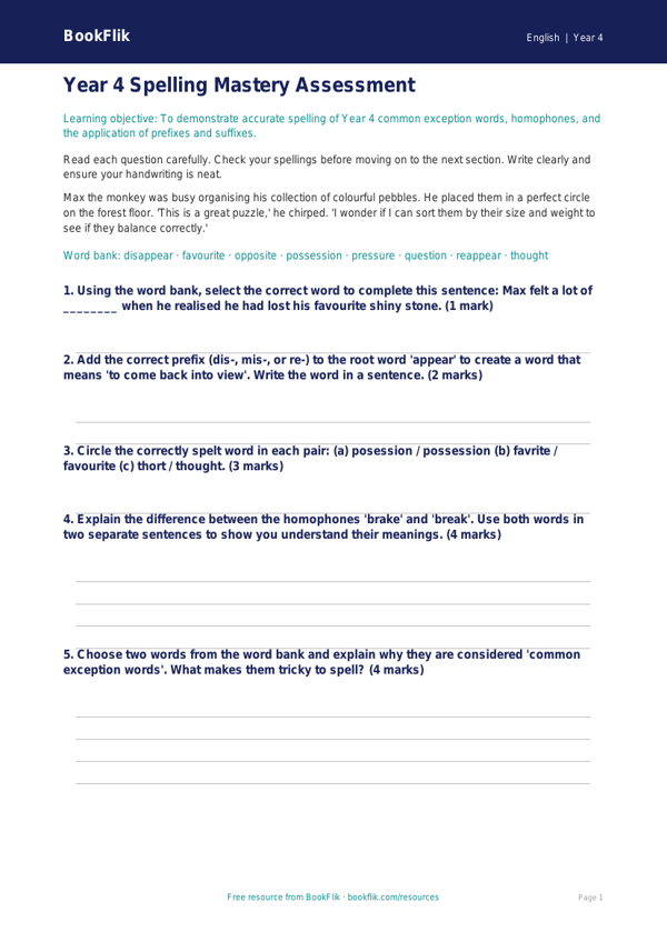 Free Spelling Assessment | Year 4 Core | BookFlik worksheet preview — English Spelling