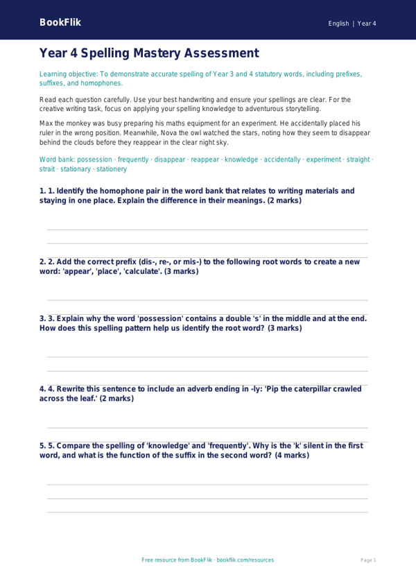 Free Spelling Assessment | Year 4 Greater Depth | BookFlik worksheet preview — English Spelling