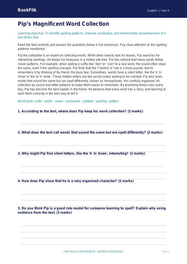 Free Spelling Comprehension Worksheet | Year 4 Core | BookFlik worksheet preview — English Spelling