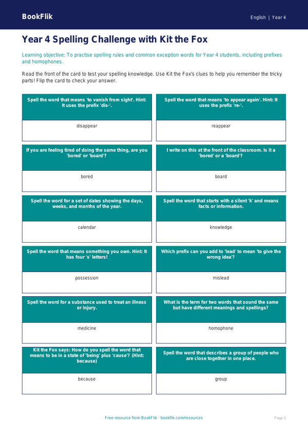 Free Spelling Flashcards | Year 4 Core | BookFlik worksheet preview — English Spelling