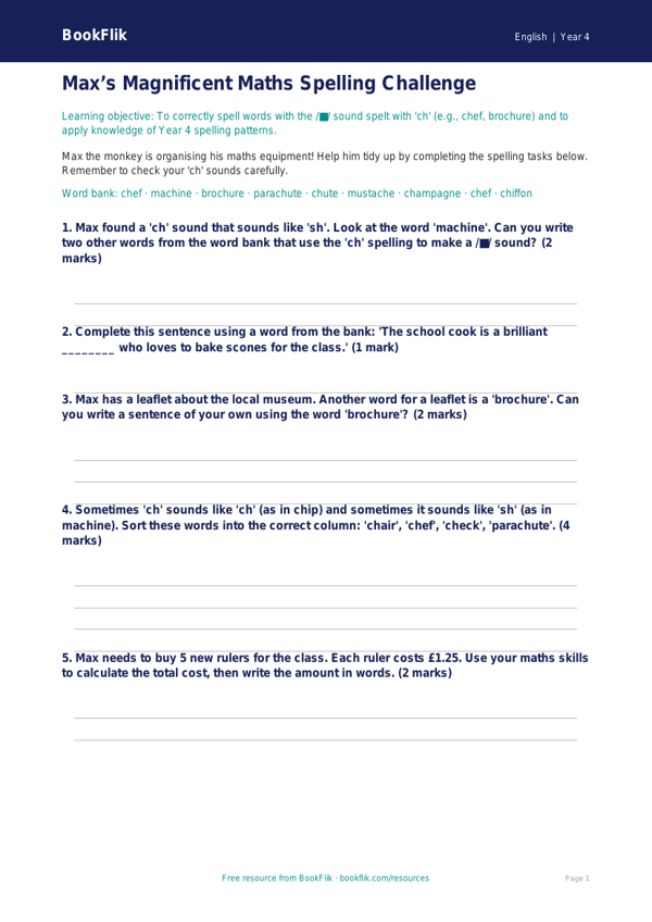 Free Spelling Worksheet | Year 4 Core | BookFlik worksheet preview — English Spelling