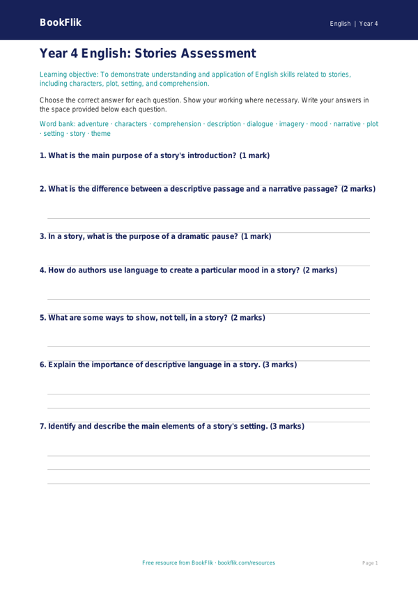 Free Year 4 Core Stories Assessment | BookFlik worksheet preview — English Stories
