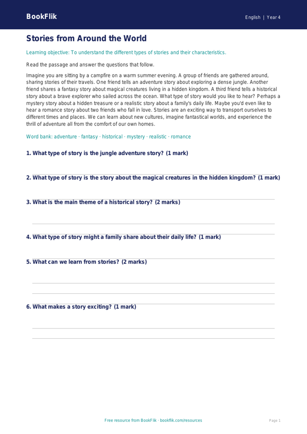 Free Stories Track Sheet | Year 4 Core | BookFlik worksheet preview — English Stories